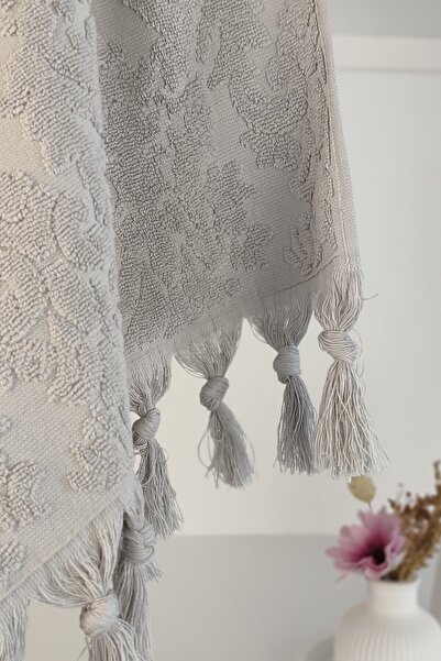Sevim Gray Color Authentic Fringed Hand Towel 50X90 cm - 100% Cotton - Soft and Water Absorbent