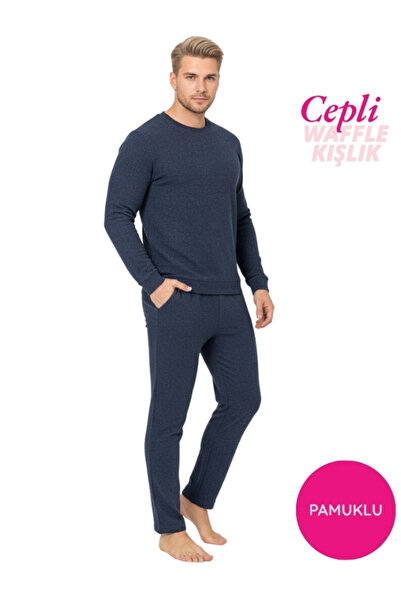 bie's Erkek Bisiklet Yaka Düğmesiz Kışlık Waffle Pamuklu Kumaş Uzun Manşetli Kol Cepli Pijama Takımı
