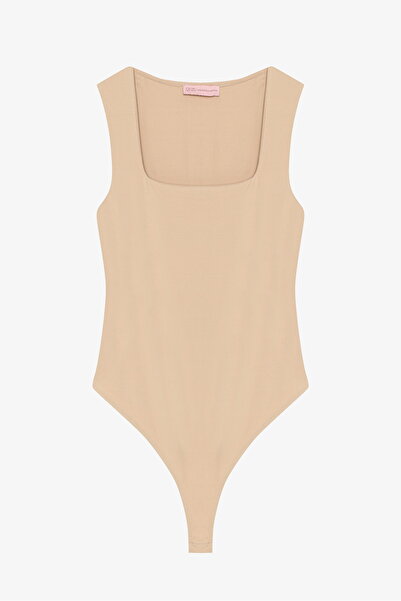 Quzu Square Neck Basic Bodysuit Beige