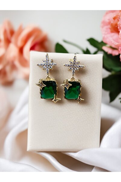FAYRA ACCESSORIES Zirkon Taşlı Kuzey Yıldızı Yeşil Kristal Taşlı Altın Kaplama Küpe