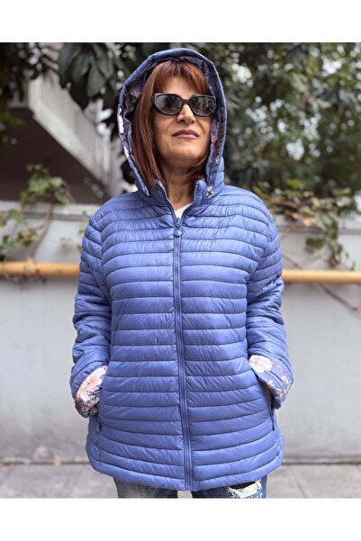 DenizEge Palton scurt italian cu flori pe două fețe, albastru