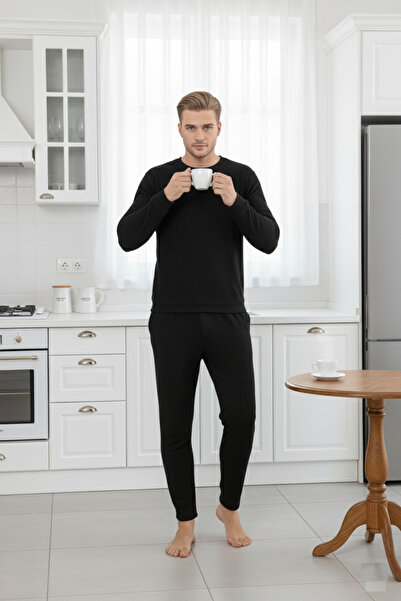 bie's Ανδρικό σετ πιτζάμες με μαύρο λαιμόκοψη χωρίς κουμπιά, χειμερινό βαμβακερό ύφασμα βάφλα, μακρύ μανίκι με μανίκια με τσέπες