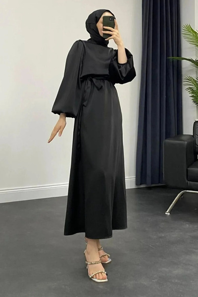 Tesettür Diyarı Dimitra Saten Balon Kol Elbise Siyah