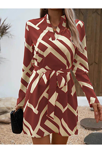 Genel Markalar Kadın Uzun Kollu V Yakalı Desenli Belinde Kuşaklı Dalgıç Elbise