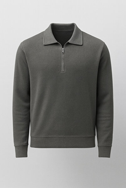 Valiberta Eric Relax Fit Yarım Fermuarlı Polo Yaka Selanik Kumaş Erkek Sweatshirt - Avcı Yeşili