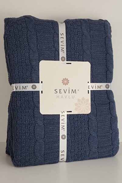 Sevim Çift Kişilik Triko Örme Battaniye - Ponponlu Şık & Yumuşak Yatak Örtüsü - İndigo Mavi - 220x240 cm