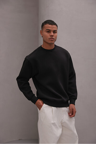 The Champ Clothing Men's Oversized Sweatshirt Basic Black – Crew Neck, 3 Thread Ş Fleece-Lined Fleece