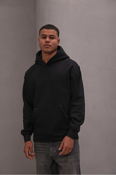 The Champ Clothing Men's Oversized Sweatshirt Hoodie Basic Black – Hooded , 3 Thread Fleece, Kangaroo Pocket