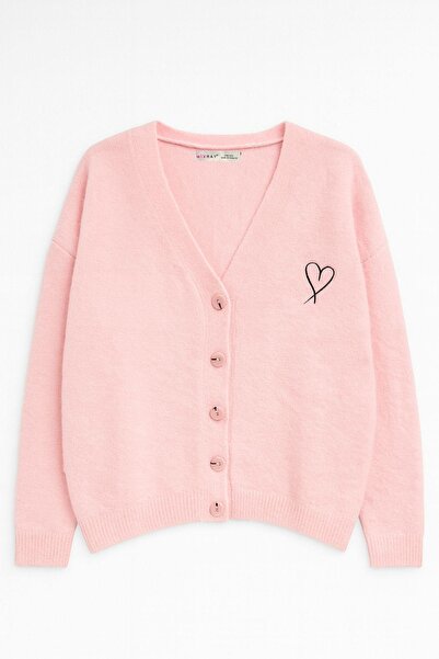 Mixray 6953 Kadın Oversize Yün Karışımlı Premium Kalp Nakışlı Hırka Pembe