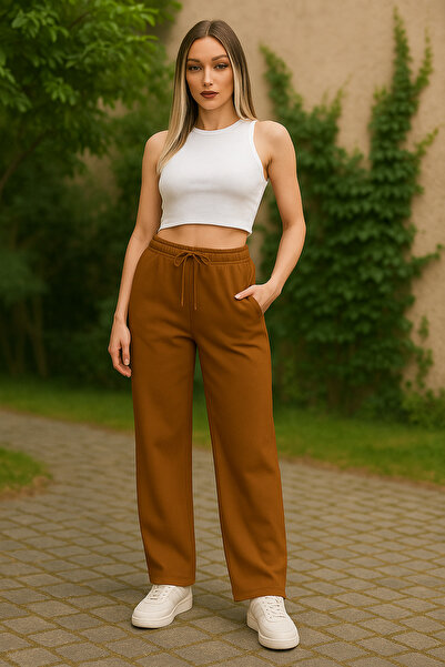 MARKATEM Ελαστικό στη μέση και φαρδύ παντελόνι με κορδόνια, 2-κλωνο χτενισμένο βαμβακερό παντελόνι με φαρδύ πόδι, άνετη κοπή oversize