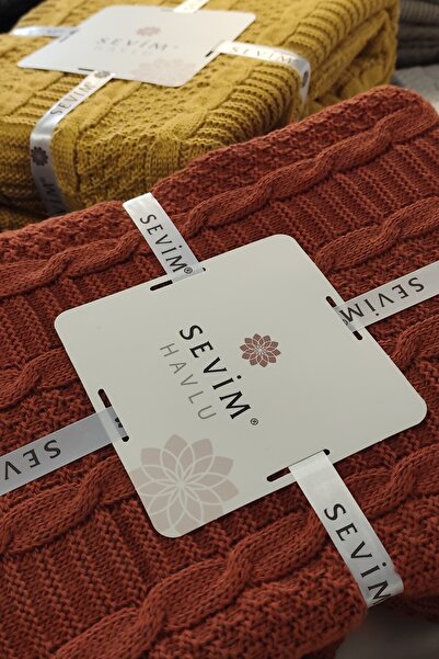 Sevim Double Pompom Knitwear Knitted Blanket - Soft and Stylish Design - Tile - Terra - 220X240 cm