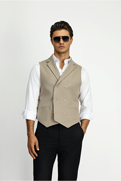 Kiğılı Slim Fit Dar Kesim Desenli Klasik Kruvaze Yelek