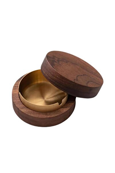 Polham Paslanmaz Çelik Yuvarlak Ultra Şık Küllük, Kapaklı Ceviz Ağacı Paslanmaz Çelik Kül Tablası Go