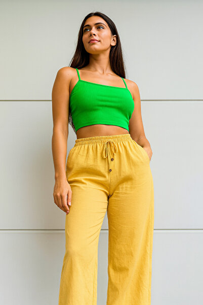 ŞIK VE MUTLU Hardal Standart Beden Bağlamalı Müslin Keten Pantolon