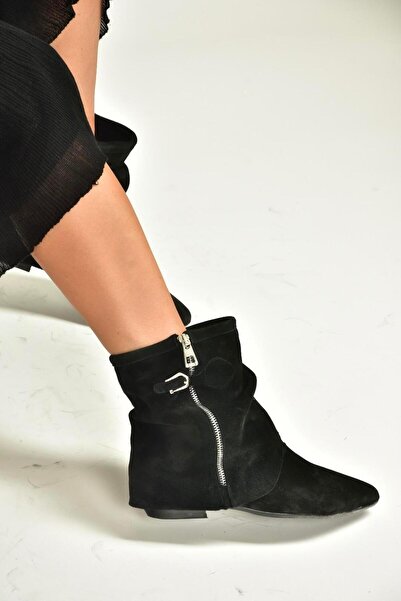Fox Shoes V380518102 Siyah Süet Düz Taban Fermuar Detaylı Kadın Bot