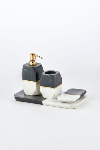 Cornella Σετ μπάνιου 4 τεμαχίων από γκρι-λευκό μάρμαρο - Στερεό σαπουνάκι, δοχείο υγρού σαπουνιού, κουτί οδοντόβουρτσας και μαρμάρινο δάπεδο