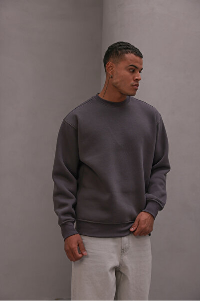 The Champ Clothing Men's Oversized Sweatshirt Basic Smoked – Crew Neck, 3 Thread Fleece-Lined Fleece
