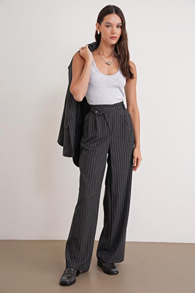 Mixray 4754 women's striped cross waist pants anthracite