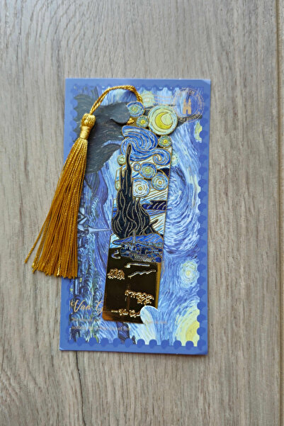 Kolbi Craft Yıldızlı Gece Van Gogh Püsküllü Altın Renk Metal Kitap Ayracı Hed...
