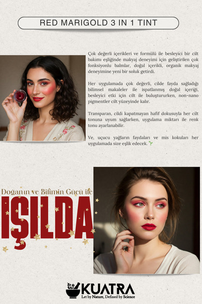 KUATRA Red Marigold Nemlendirici - Antioksidan Işıltı Veren Balm (DOĞAL İÇERİKLİ RUJ- ALLIK-GÖZ FARI)
