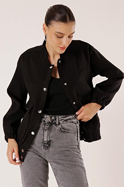 By Saygı Stamped Bomber Coat with Elastic Waist Bag Pocket