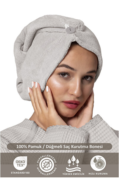 Ellia Soft Camellia %100 Pamuk Saç Kurutma Bonesi Lastikli Ve Düğmeli Havlu Bone