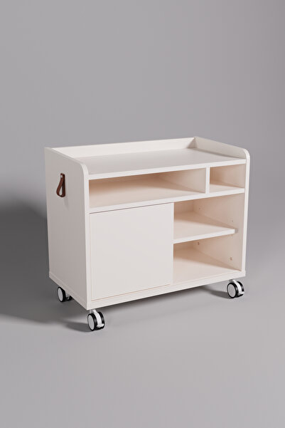 Creo Mobili Smart Keson, Genç Odası İçin Pratik Keson, Sürgü Kapaklı, Tekerlekli Şık Komodin - Ekru