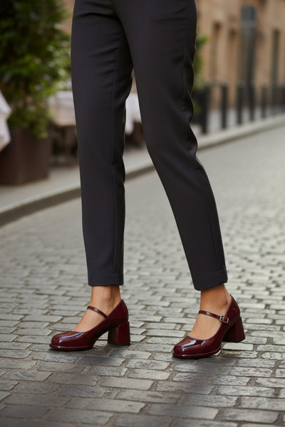 Fox Shoes T820059108 Burgundy Patent Leather Thick Heeled Women's Shoes