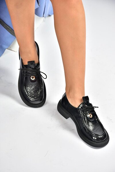 Fox Shoes V944085608 Black Genuine Leather Patent Leather Lace-Up Casual Women's Shoes