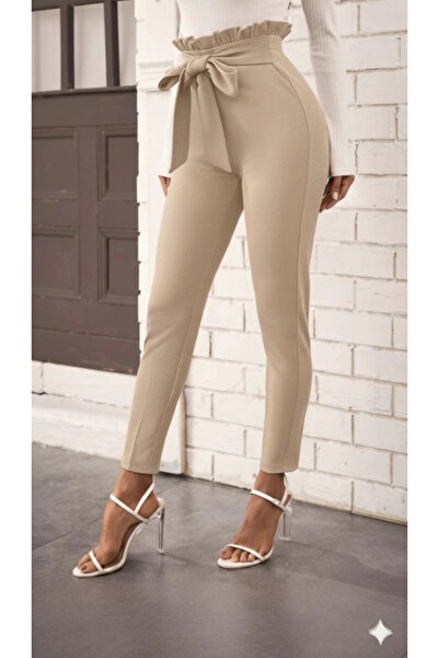 Butik Women's High Waist Ruffled Front Tie Imported Crepe Pants