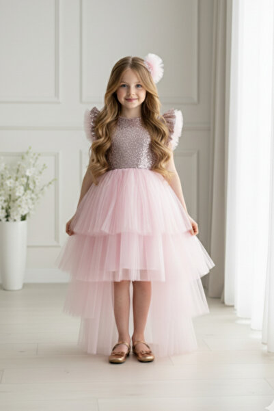 ABİYEKİDS Abiye Kids Pullu Katkat Kuyruklu Tozpembe Tarz Çocuk Abiye Elbise Aby745