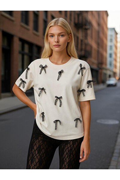 İLKCET MODA Κορδέλα Λεπτομέρεια Oversize Γυναικείο Tshirt