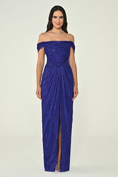 ALFABETA Off-Shoulder Evening Dress with Sequins