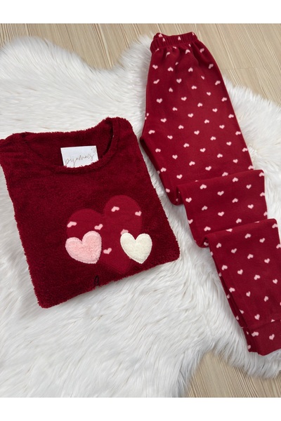 Pijamacs Bordo Kalp Desenli Ön Peluş Detaylı Polar Pijama Takımı