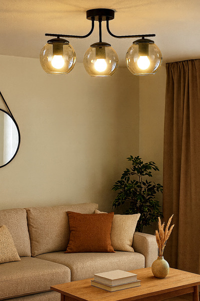 Uçar Lora Modern Tasarım Salon Mutfak Yatak Odası Giyinme Odası Siyah Renk Camlı 3 lü Avize