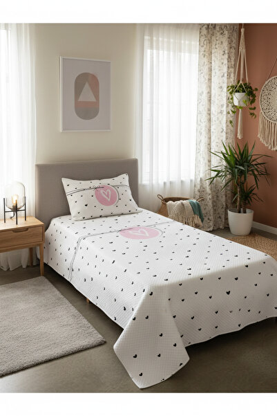 Evmila Kalp Desenli Bebek Ve Çocuk Baskılı Tek Kişilik Pike Takımı 160x230 Beyaz