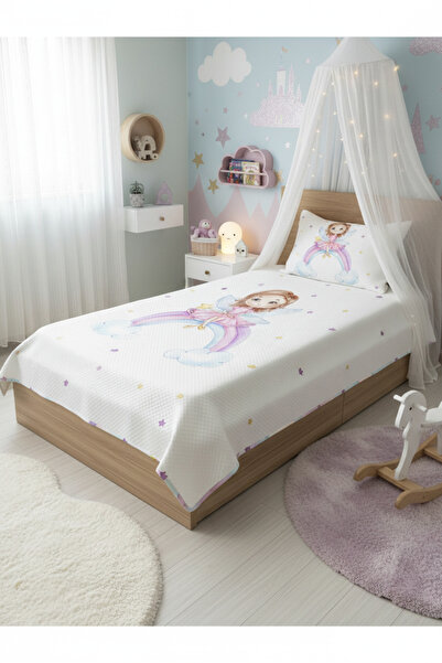 Evmila Gökkuşağında Oturan Kız Desenli, Baskılı Tek Kişilik ve Çocuk Pike Takımı