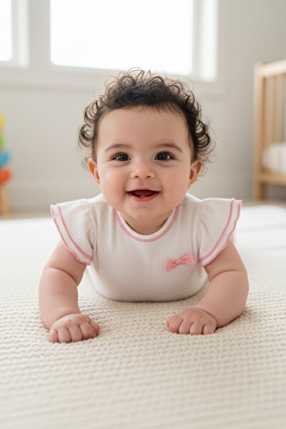 Salvia Dione Baby Girl Bodysuit – 100% Cotton – Half Sleeve Ruffled – Ribbon Snap Fasteners – Cotton Ribbed Bodysuit