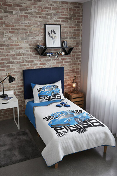 Evmila Mavi Araba Desenli Bebek Ve Çocuk Baskılı Tek Kişilik Pike Takımı 160x...