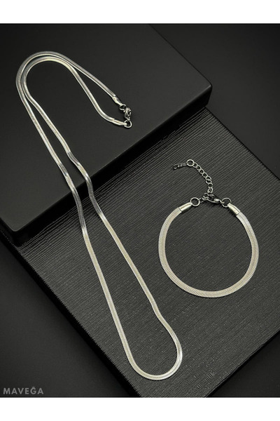 MAVEGA Yassı Ezme İtalyan Zincir Kolye Bileklik Set | Kararmaz Çelik, Gümüş Renk, 45 Cm - 23 Cm