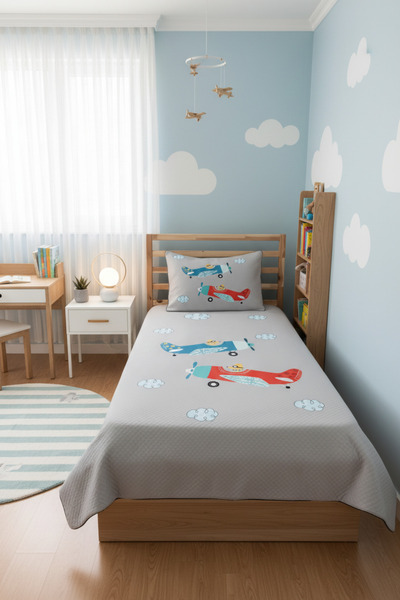 Evmila Uçak Desen Tek Kişilik Çocuk Pike Takımı 160x220 cm