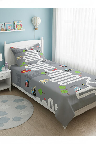 Evmila Yol Desenli Bebek Ve Çocuk Baskılı Tek Kişilik Pike Takımı 160x230 Gri