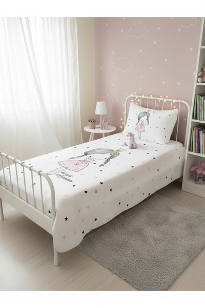 Evmila Prenses Desenli Bebek Ve Çocuk Baskılı Tek Kişilik Pike Takımı 160x230...