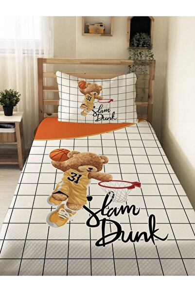 Evmila Basketbolcu Teddy Desenli Genç Ve Çocuk Baskılı Tek Kişilik Pike Takımı 160x230 Beyaz