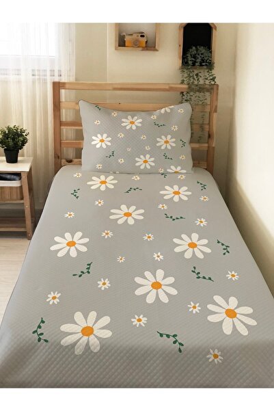Evmila EVMİLA Papatya Desenli Bebek Ve Çocuk Baskılı Tek Kişilik Pike Takımı 160x230 Gri