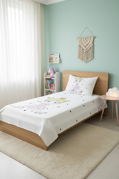 Evmila Prenses Desenli Bebek Ve Çocuk Baskılı Tek Kişilik Pike Takımı 160x230...