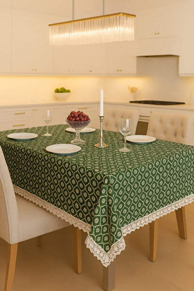 Rona Home Classic and Elegant Green Tablecloth Luxury Lace Edge Detailed Modern Stylish and High Quality Fabric