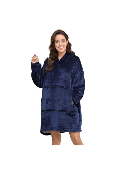 miraza Patura cu Maneci si Gluga, Tip Hanorac, Fleece Calduros, Plusat, Marime Universala, Albastru