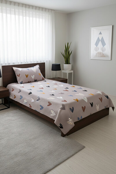 Evmila Renkli Kalpler Desenli Bebek Ve Çocuk Baskılı Tek Kişilik Pike Takımı 160x230 Kahverengi