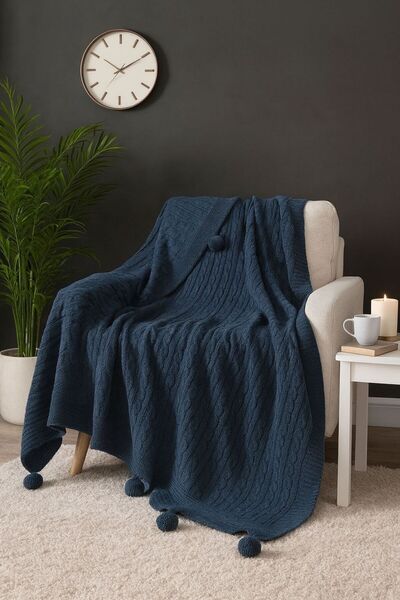 Home Triko Ponponlu TV Battaniye- Diz Şalı- Dokuma Koltuk Örtüsü